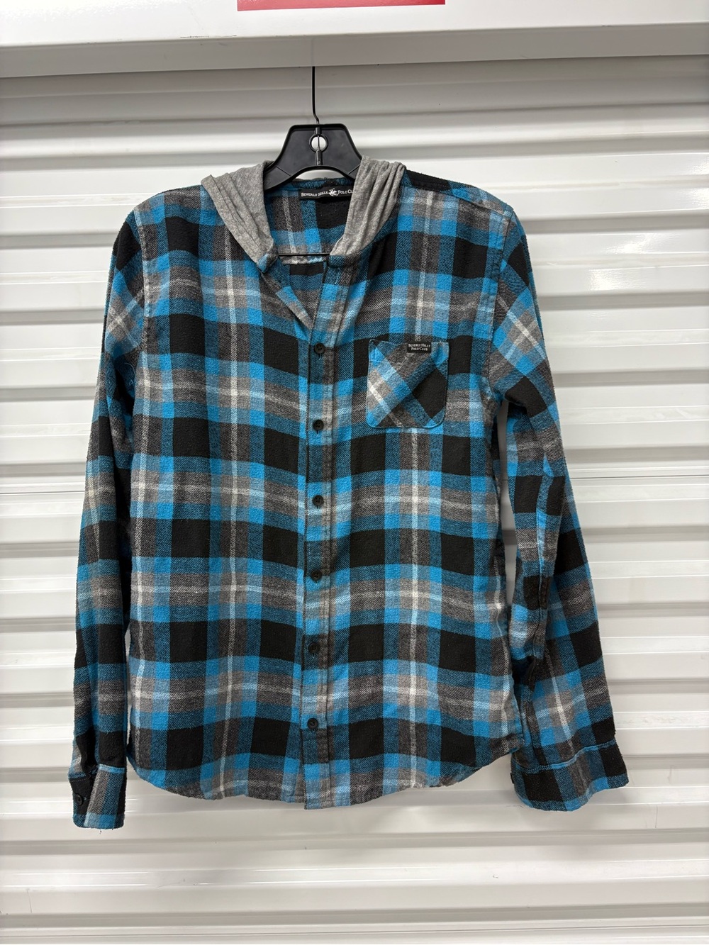 Beverly Hills Polo Club Blue Black Gray Plaid Flannel Hooded Pockets Shirt 14/16